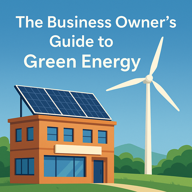 Illustration of a building with solar panels on its roof and a wind turbine nearby, with the text The Business Owner’s Guide to Green Energy displayed above.