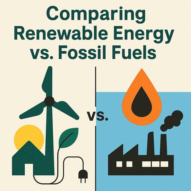 A graphic compares renewable energy, shown by a wind turbine and sun, versus fossil fuels, shown by a factory with smoke and a drop of oil. Text reads, Comparing Renewable Energy vs. Fossil Fuels.