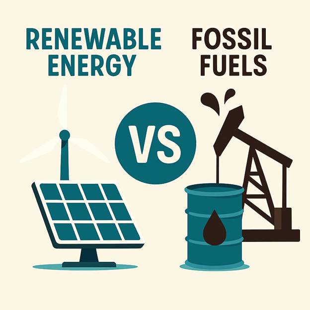 Illustration comparing renewable energy, shown by a wind turbine and solar panel, versus fossil fuels, depicted by a pumpjack and oil barrel, with VS in the center.