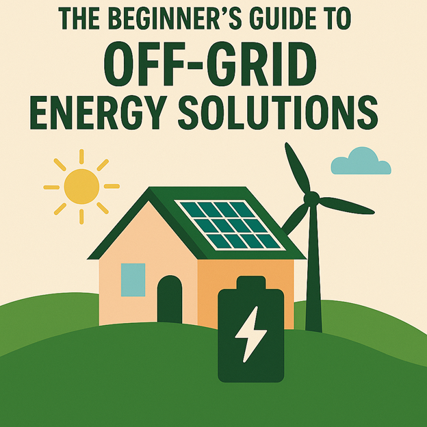 A graphic shows a house with solar panels on the roof, a wind turbine, a battery icon, the sun, clouds, and greenery. Text reads: The Beginner’s Guide to Off-Grid Energy Solutions.