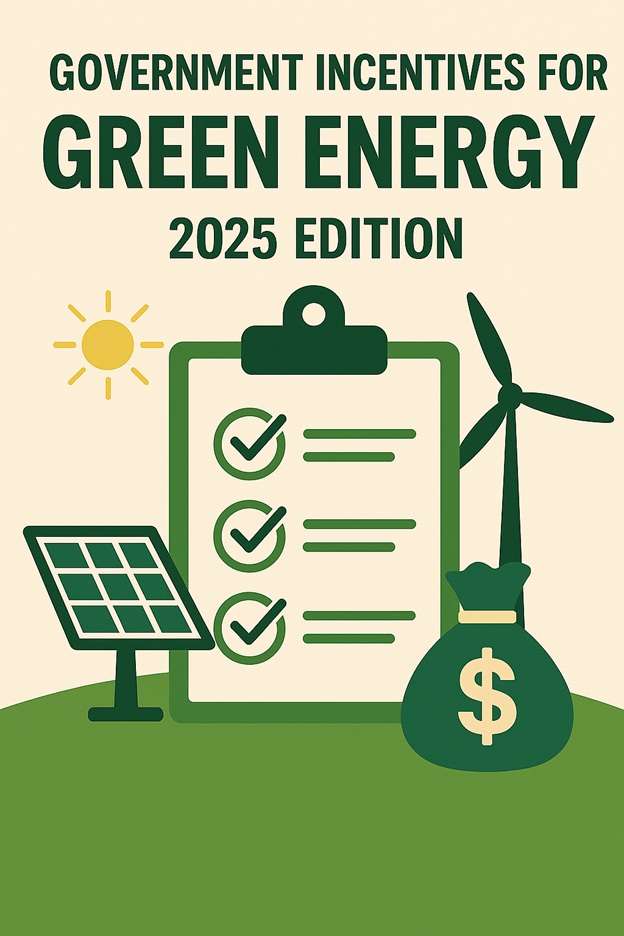 Illustration with text “Government Incentives for Green Energy 2025 Edition,” featuring a clipboard with checkmarks, a solar panel, a wind turbine, a money bag, and a sun on a green and beige background.