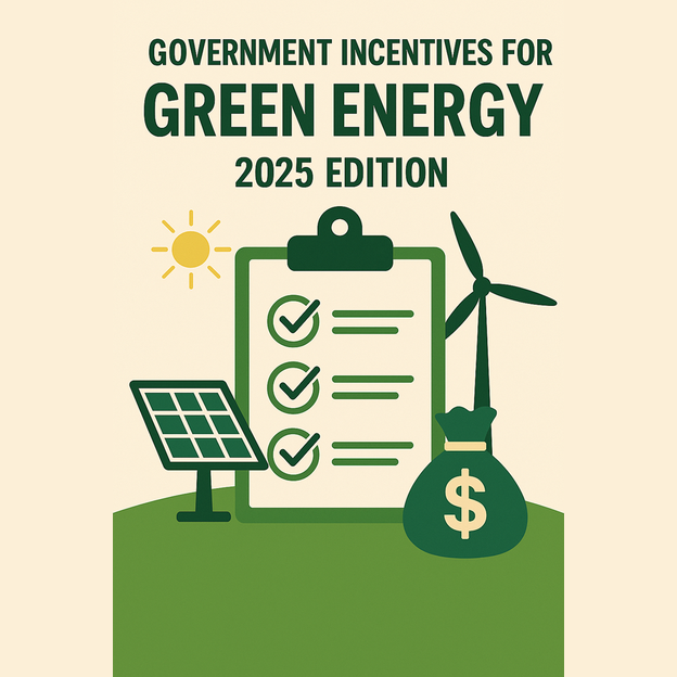 Illustration showing a clipboard with checkmarks, a solar panel, a wind turbine, a money bag with a dollar sign, and a sun. Text reads: “Government Incentives for Green Energy 2025 Edition,” highlighting support for green energy initiatives.