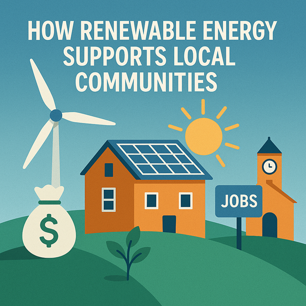 Illustration showing a wind turbine, a house with solar panels, a bag of money, a sun, a JOBS sign, and a building with a clock, under the text How Renewable Energy Supports Local Communities.