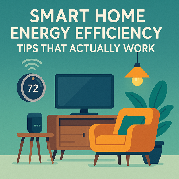 Ilustración de una elegante sala de estar con un termostato inteligente ajustado a 72°F, un televisor, una mesa auxiliar, una lámpara brillante, una planta y un sillón naranja. El texto dice: Consejos inteligentes para ahorrar energía en casa que realmente funcionan.