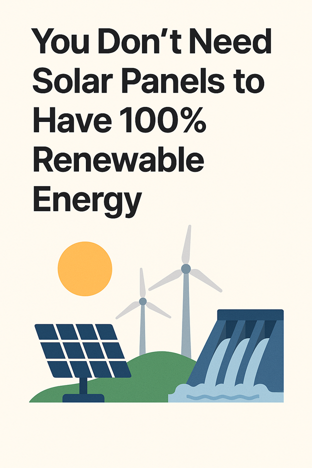 Illustration with a solar panel, two wind turbines, a hydroelectric dam, and a sun, alongside the text: “You don’t need solar panels to have 100% renewable energy.”.
