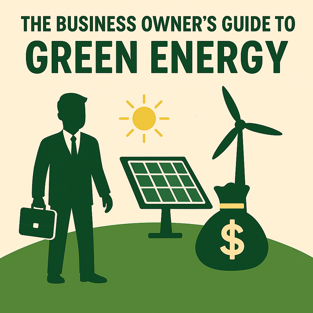 Illustration of a businessperson with a briefcase, a solar panel, a sun, a wind turbine, and a money bag, with the text: The Business Owner’s Guide to Green Energy.
