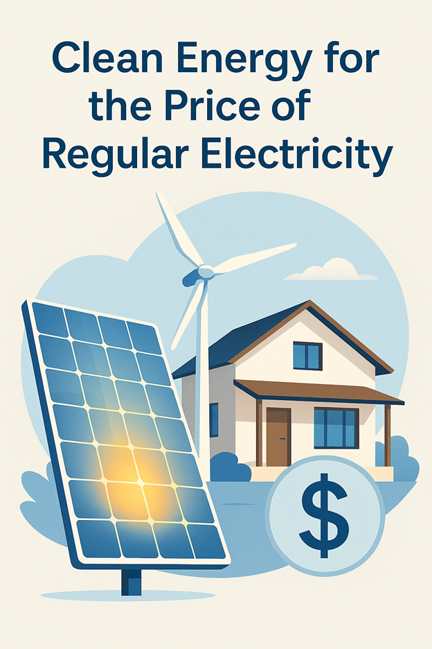 Illustration of a house with a solar panel and wind turbine beside it, a large dollar sign in front, and the text Clean Energy for the Price of Regular Electricity above.