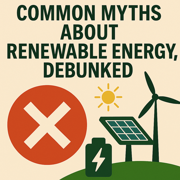Graphic with the title Common Myths About Renewable Energy, Debunked above icons of a red X, sun, solar panel, wind turbine, and battery on a beige background.