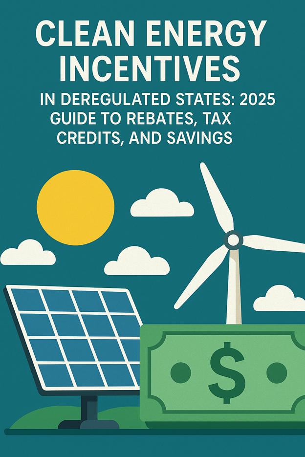 Illustration of a solar panel, wind turbine, sun, clouds, and a large dollar bill, with text: “Clean Energy Incentives in Deregulated States: 2025 Guide to Rebates, Tax Credits, and Savings.”.