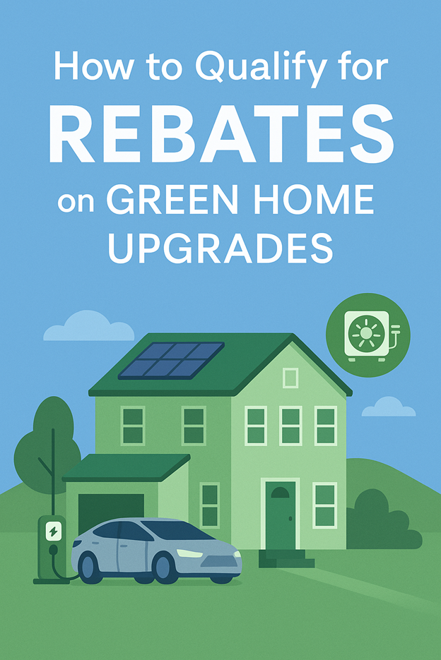 Illustration of a green home with rooftop solar panels, an electric car charging, and an energy icon. Text reads, “How to Qualify for Rebates on Green Home Upgrades.”.