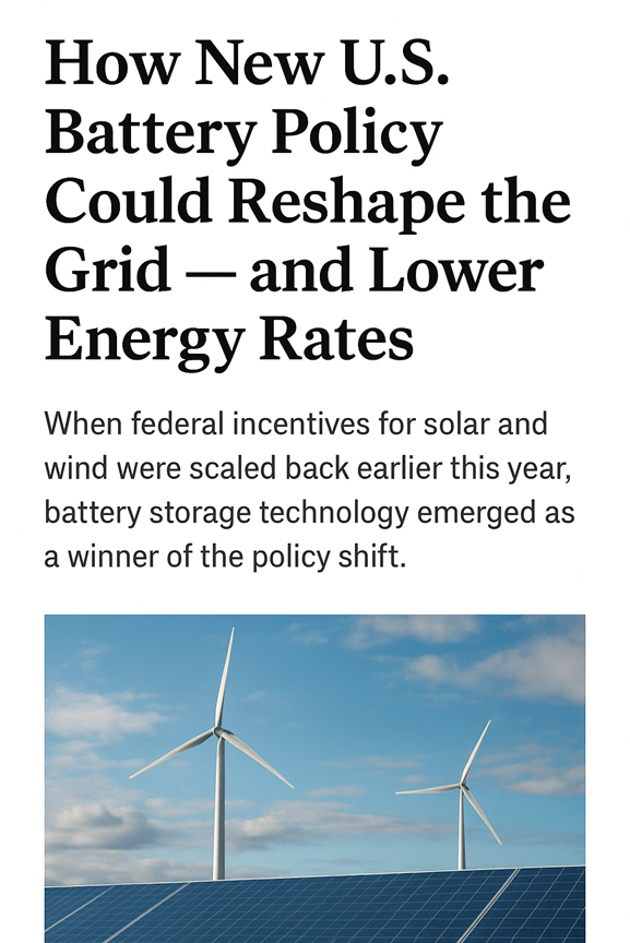 A headline about U.S. battery policy and energy rates appears above a photo of two wind turbines and a solar panel field under a blue sky with clouds.