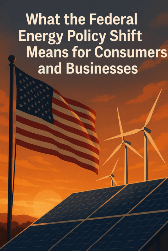 Una bandera estadounidense ondea frente a paneles solares y turbinas eólicas al atardecer, con el texto: What the Federal Energy Policy Shift Means for Consumers and Businesses sobre la escena.